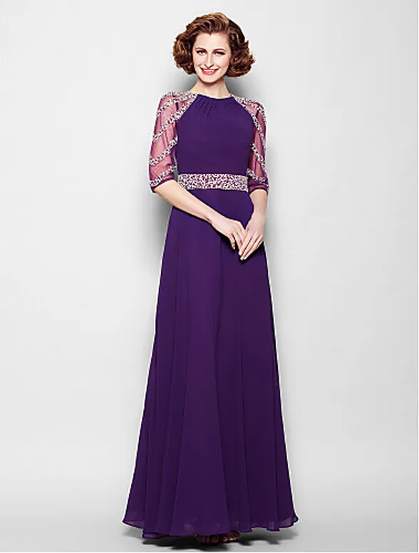 Modest Regency Floor-length Half Sleeve Long Mother of the Bride Dress Jewel Fashion Evening Long Dresses Beads Mother's Dresses