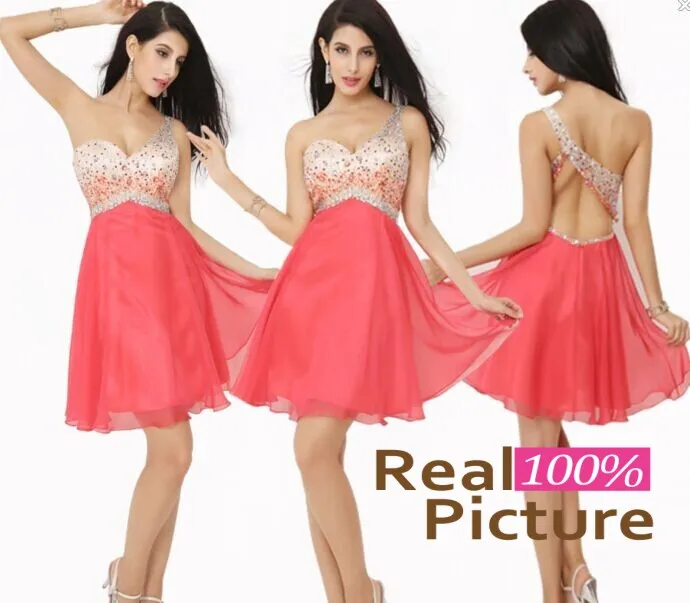 Best Selling 2019 Luxury Coral Prom vestidos de cocktail com um ombro a linha frisada vestidos de festa curto plissado para mulheres