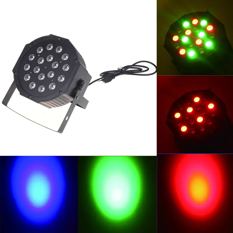 送料無料ビッグLEDステージライト18×3W 54 W 85-265Vの高出力RGB PAR照明DMX 512マスタースレーブLEDフラットDJオートコントローラ