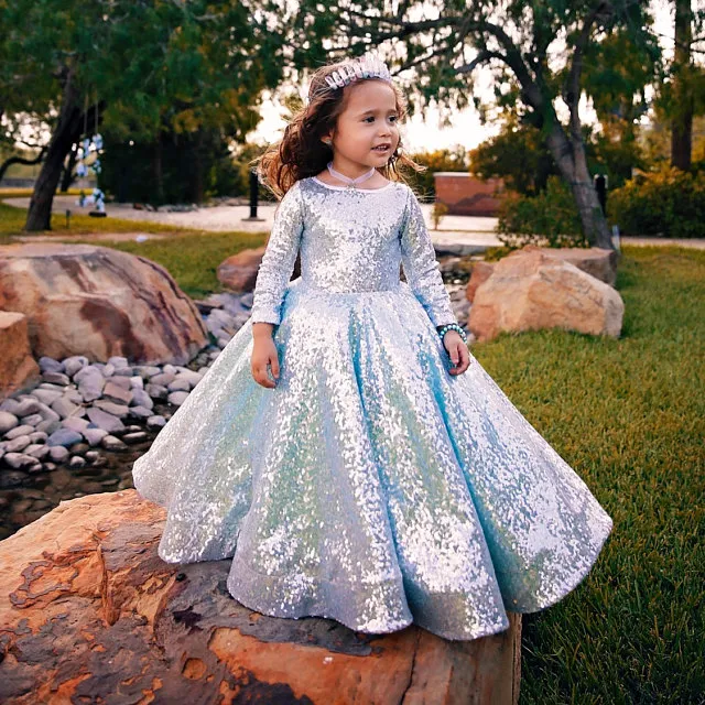 Sparkly Gold Flower Girl Dress Sequins Långärmade Jewel Neck Girls Pageant Klä Great Gatsby Födelsedag Klänning First Communion Grows