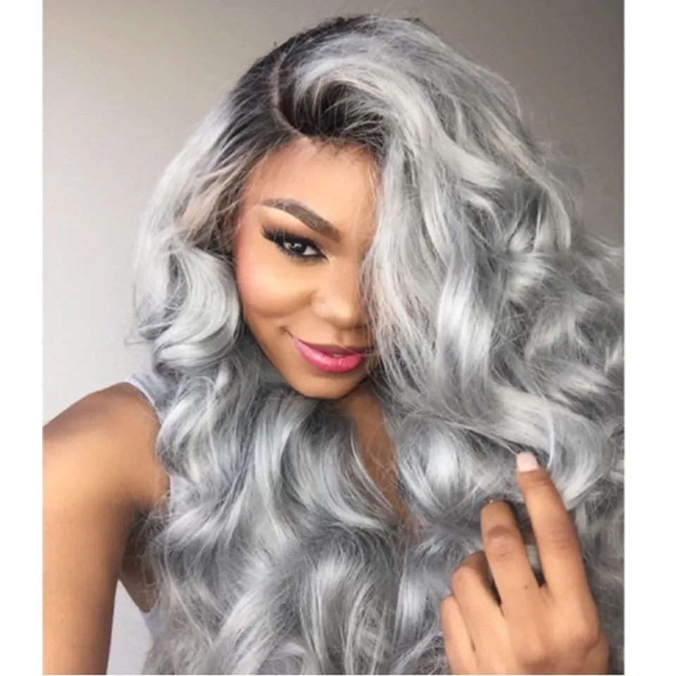 Brazilian ombre grey glueless human hair wigs wavy with bleached knots