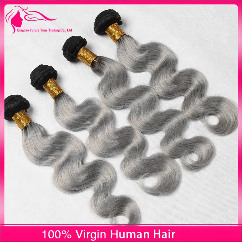 Péruvien Ruban Gris Vierge Bundles de Cheveux Humains 4Pcs Lot # 1B / Gris Ombre Extensions de Cheveux Corps Vague 2 Ton Ombre Cheveux Tisse