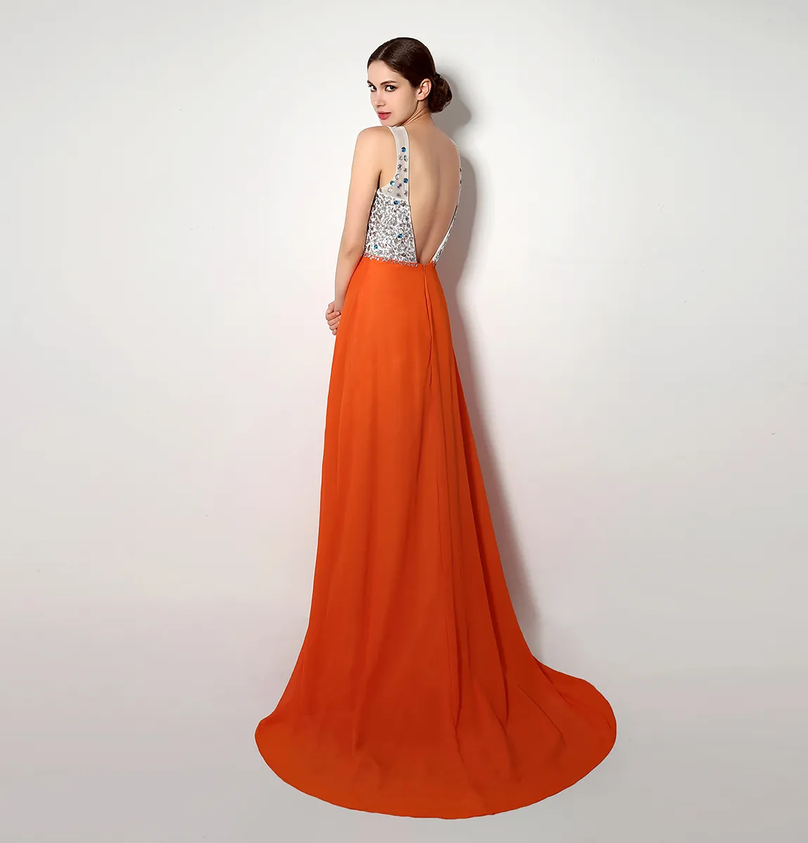 2018 In Stock Orange Designer Prom Dresses under 50 V-Neck evening gowns Side Split Crystals Backless Evening Gowns Long Party Formal Dress