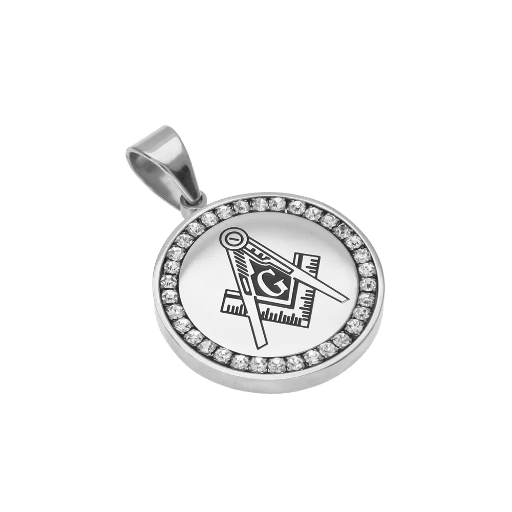 Men Mason Round Pendant Tag Stainless Steel With Clear Rhinestones Masonic Compass Square Symbol 24quot Cuban Chain Necklac4126465