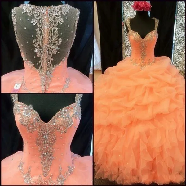 Stunning A Line Ball Gown Draped Organza Prom Dresses Floor Length Peach Quinceanera Gowns Beade Crystals Illusion Back Spaghetti Straps