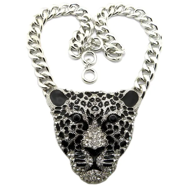 Mode Vrouwen Hiphop Tiger Necklace Rhinestone Head Leopard Kettingen Hangers Vintage Retro Lange Ketting Exaggeration Sieraden