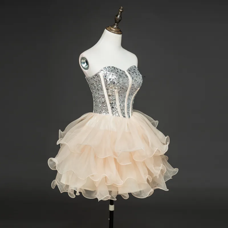 Mjuk tyll organza kort prom klänning med paljetter pärlor 2018 älskling prom klänningar snörning riktig po9391924