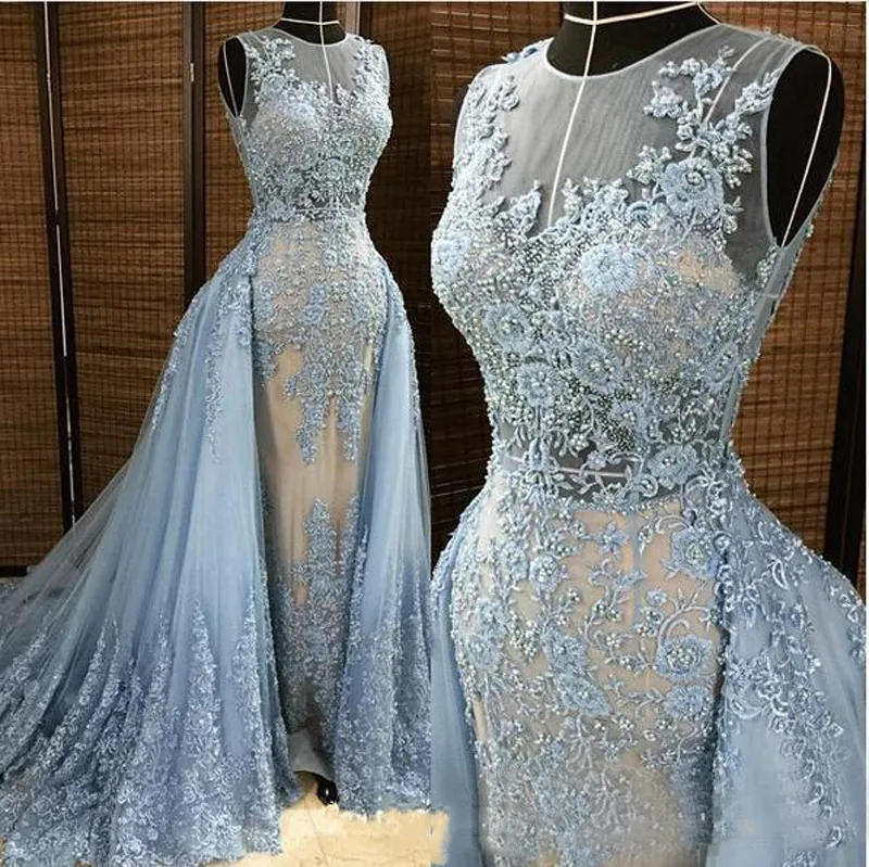 Real Image Elie Saab Prom Klänningar Ljusblå Avtagbar Tåg Genomskinliga Formella Klänningar Party Pageant Gowns Custom Made Prom Klänningar Lång