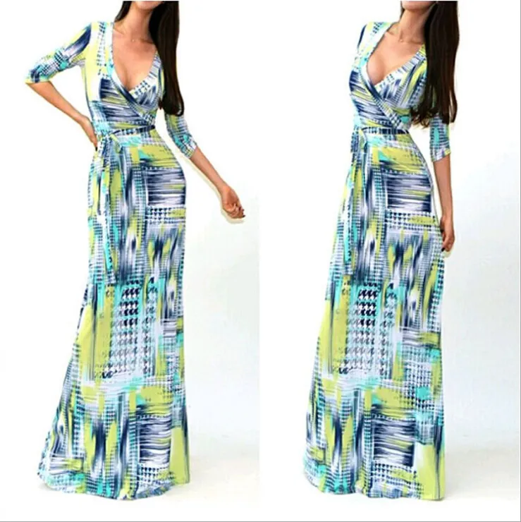 2015 Fashion New Maxi Dresses for Womens Summer Party Evening dress Clothes V-Neck Sexy Floral Printed Dresses Women Casual dresse293f