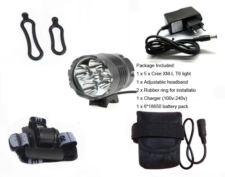 8000 Lumen 5 x Cree XM-L T6 LED Bike Light Cykel Frontlampa LED Headlamp strålkastare Vattentät aluminiumlegering