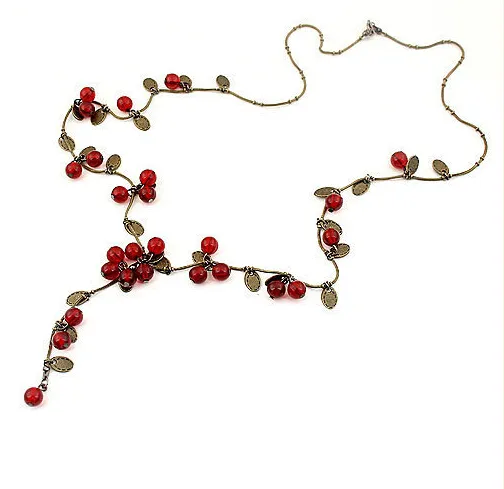 Mode zoete vintage sieraden rode acryl kraal cherry string lange ketting armband oorbel sieraden set groothandel 