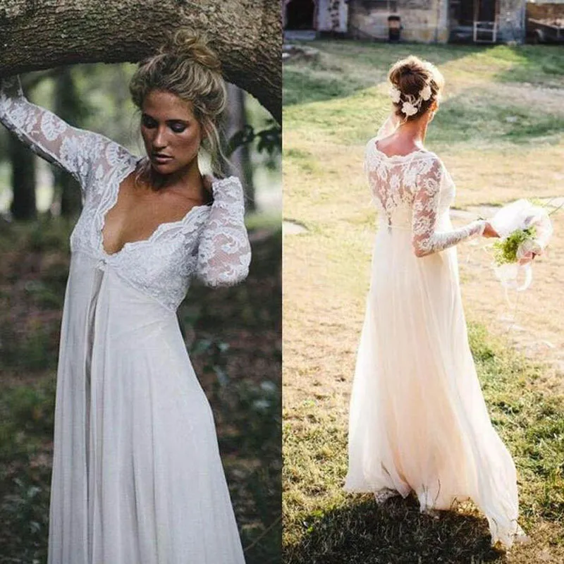 Gorgeous Empire Waist Lace Chiffon Wedding Dresses Cheap High Quality Illusioin Long Sleeves Bridal Gowns for Maternity Pregnant B211w