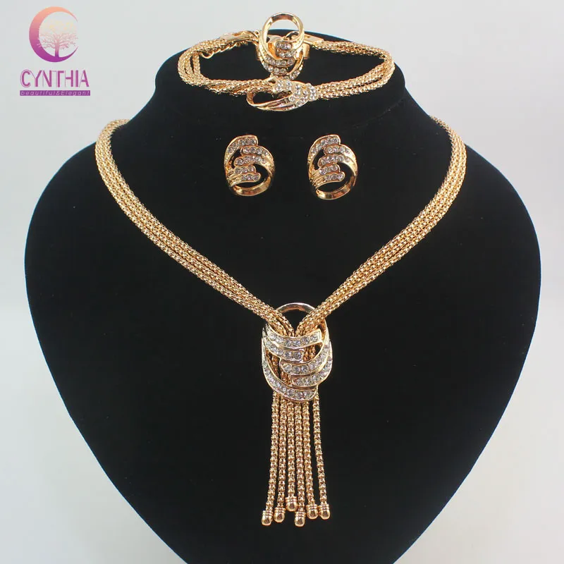 New Design Top Quality 18k Gold Plated Crystal Necklace Bracelet Earring Wedding Party Gift Bridal Costume African Jewelry Sets
