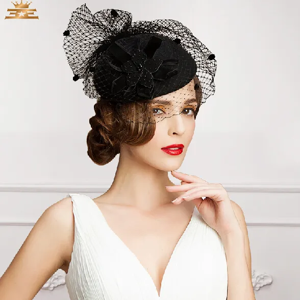 Vintage Nouveau style noir couleur tullefeather mariage chapeaux nuptiles coureurs de soirée dans la mode9370645