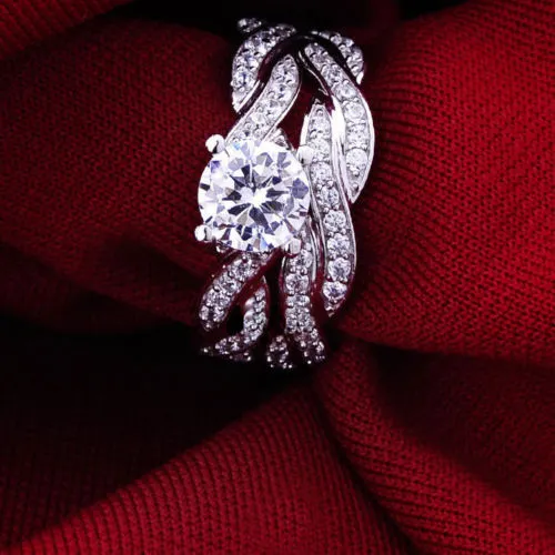 Luxury SZ 5-10 Märkesdesign 18K Vitguld Fylld Vit Topaz Kvinnor Bröllop Ring Set