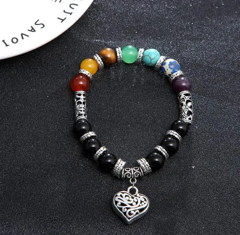 New Charm Bangle Bracelets Yoga Colorful Agate Beads Bracelet 7 Chakra Heart Pendant Bracelets 