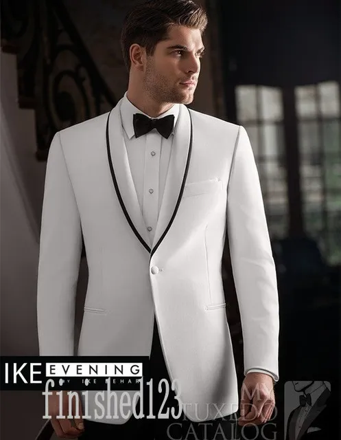 Populär One Button White Groom Tuxedos Sjal Lapel Groomsmen Bästa Man Bröllop Prom Dinner Passar (Jacka + Byxor + Girdle + Tie) G5208