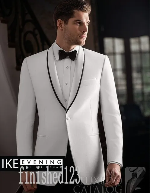 Beliebte One Button Weiß Bräutigam Smoking Schal Revers Trauzeugen Trauzeuge Hochzeit Prom Abendessen Anzüge (Jacke + Hose + Gürtel + Krawatte) G5208