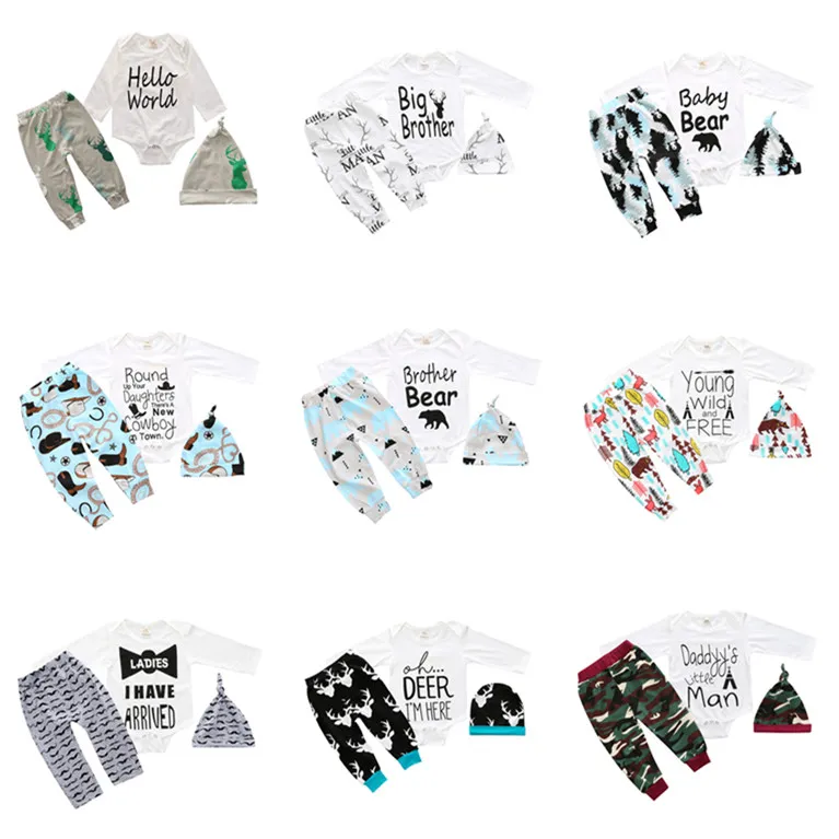 Baby Jungen Kleidung Frühling Herbst Kinder Jungen Kleidung Sets Baumwolle Neugeborene Kleidung Hülsenspielanzug + Hosen + Hut 3PCS jungen Outfits Kinder Kleidung