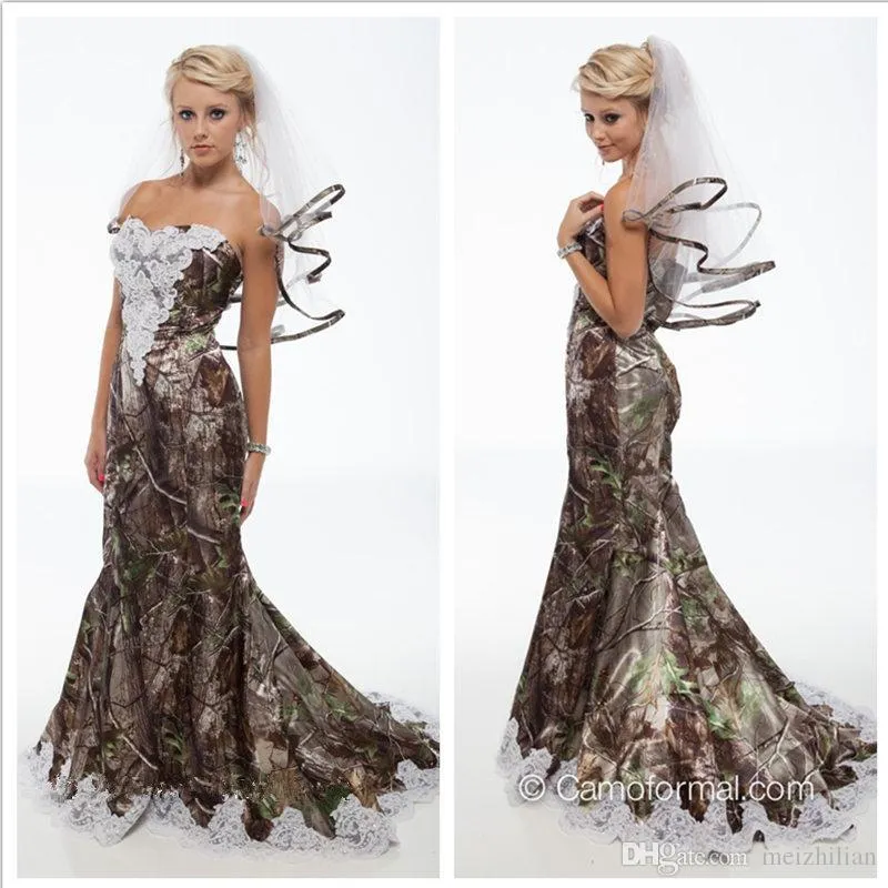 2016 Unique Realtree Mermaid Camo Wedding Dresses New Sweetheart With White Bead Lace Backless Sweep Train Forest Wedding Gowns Custom Made