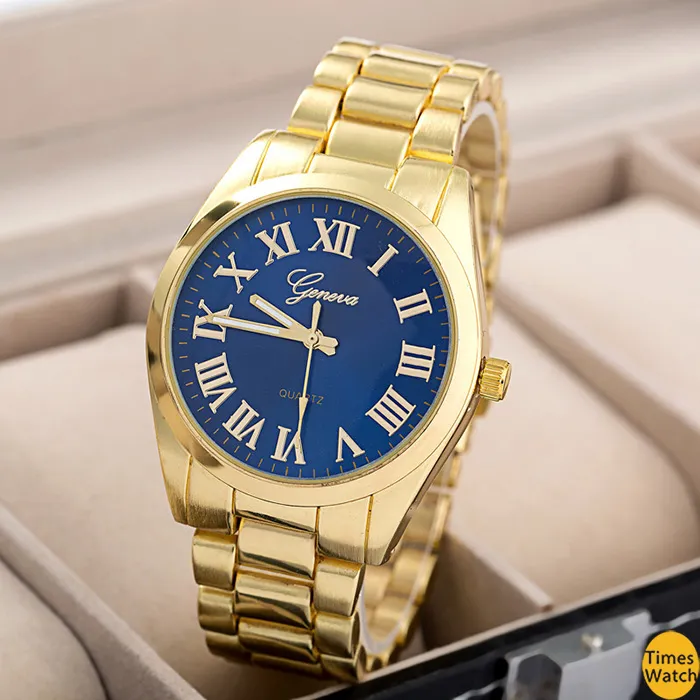 2015 neue Mode Genf Gold Römische Zahl Männer Kausalen Bussiness Uhren Quarz Edelstahl Frauen Kleid Armbanduhren standard qualität Classi