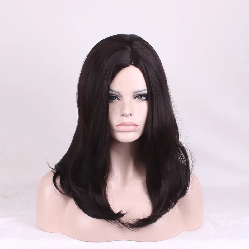 Moda 45 cm lunga onda naturale parrucca sintetica donne marrone scuro scolpire anime parrucche cosplay femminile ad alta temperatura ondulati capelli neri tappi