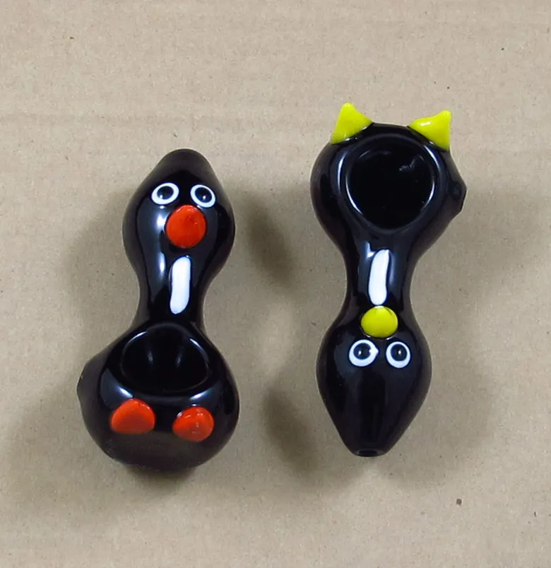 Pipe à main en verre avec pingouin noir, brûleur à huile mince, narguilé en verre, cuillère à tabac, hauteur: 3 pouces