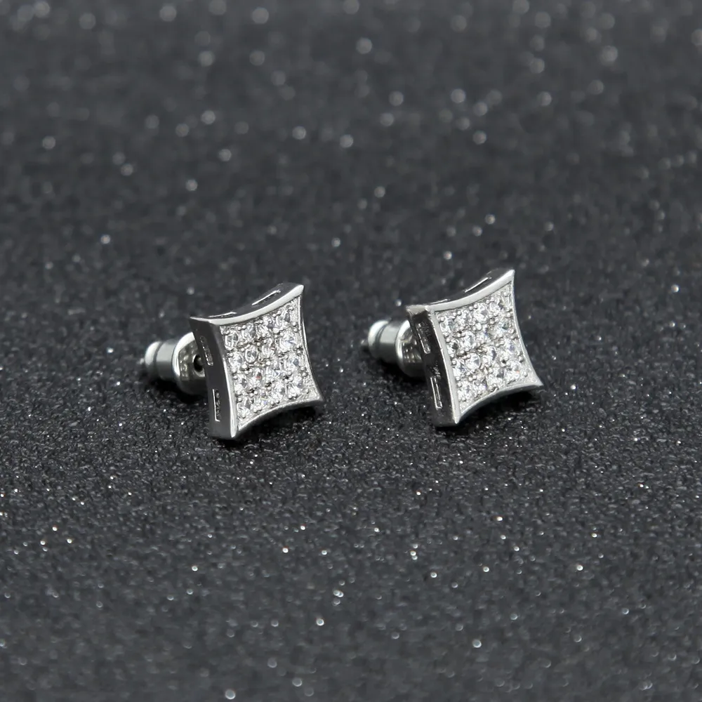 Men Fashion Square Stud Earrings CZ Bling Micro Pave Cubic