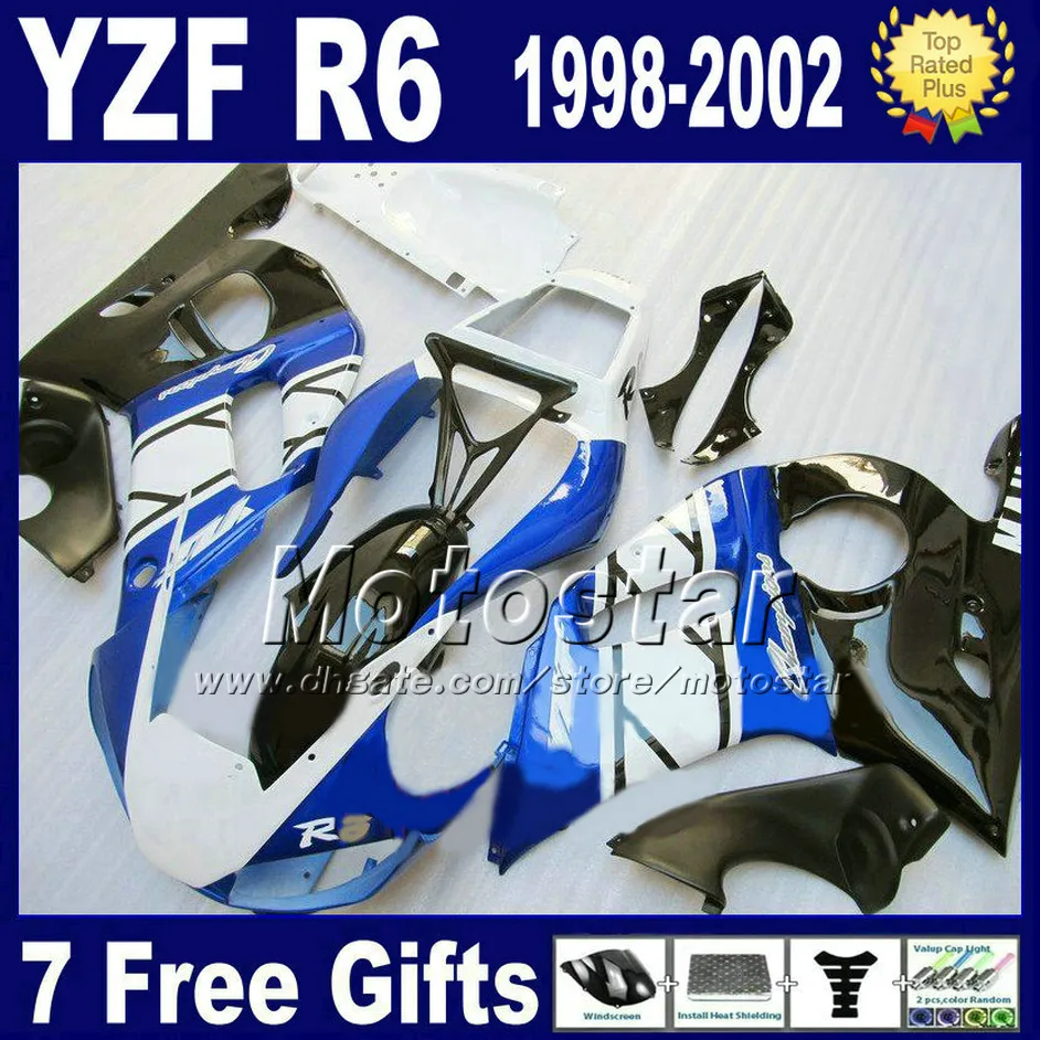 Zestaw wentylatorski dla YZF-R6 98-02 Yamaha YZF600 YZF R6 1998 1999 2000 2001 2002 Biały niebieski czarny motocykl wróżki Zestaw GG3 + 7 prezenty