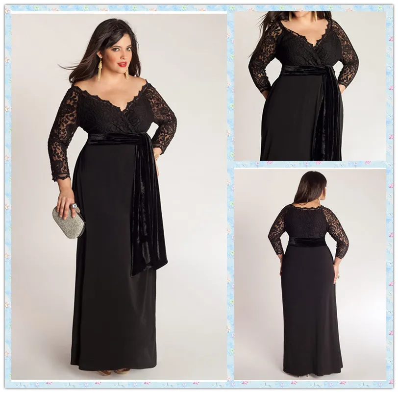 Elegante linha a plus size vestidos de ocasião especial renda superior faixa fora do ombro com decote em v 3/4 manga longa tornozelo comprimento senhoras vestidos formais de baile