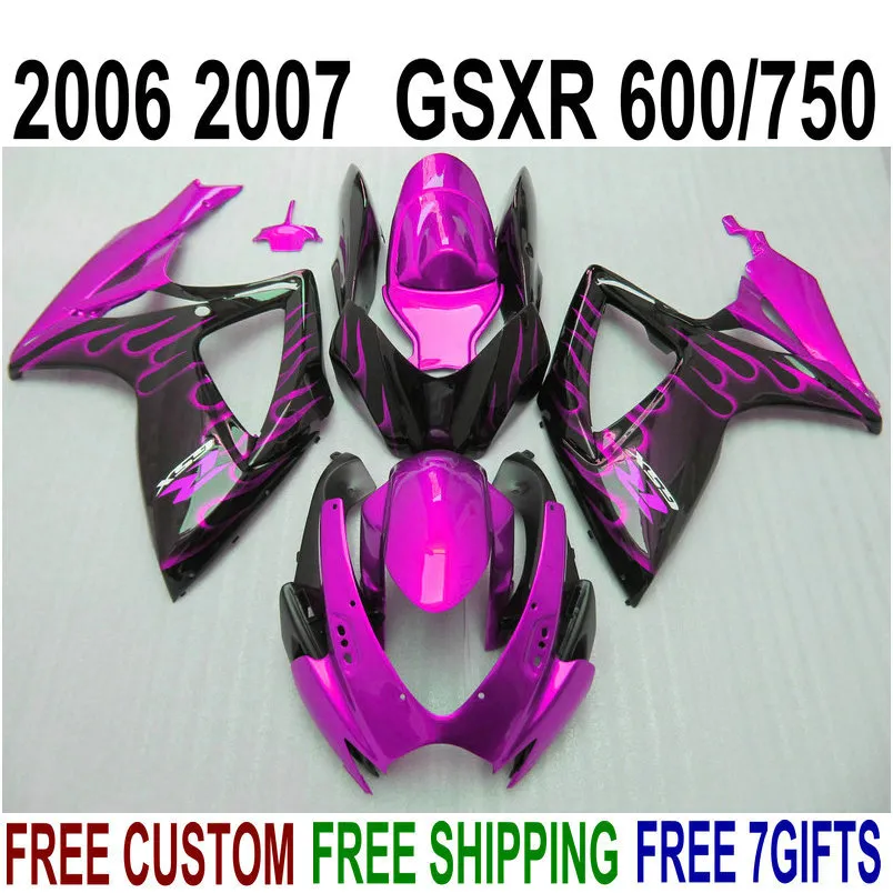 Fairing Kit voor Suzuki GSXR600 GSXR750 2006 2007 K6 Rode Vlammen in Zwarte Plastic Backings GSXR600 / 750 06 07 Motobike Set Z51B