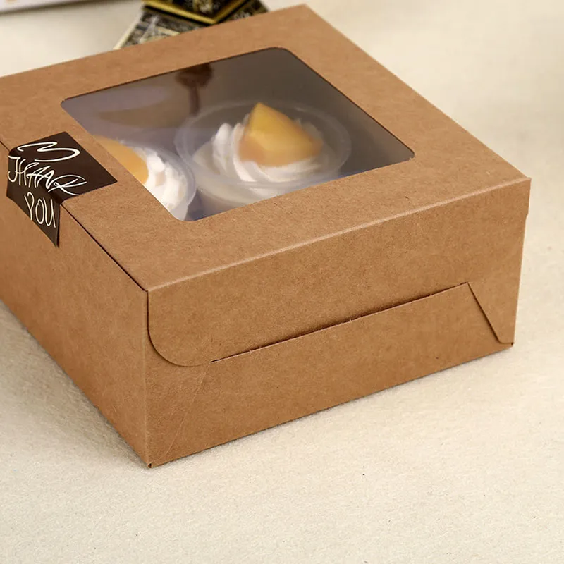 16x16x7.5cm holte duidelijke venster creatieve kraft bruin witte cupcake dozen muffin verpakking doos LZ0745