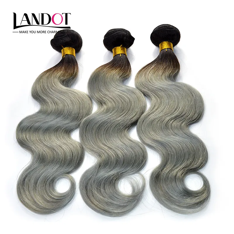 Ombre Extensiones de cabello humano gris plateado Dos tonos 1B / Gris Brasileño Peruano Malasio Indio Camboyano Onda del cuerpo Paquetes de armadura de cabello virgen