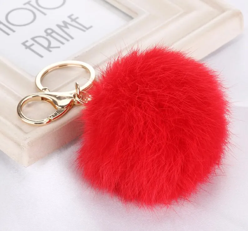 Fashion Cute Genuine Leather Rabbit Fur Ball Plush Key Chain For Car key Ring Bag Pendant car keychain Gold Silver Chain 8CM