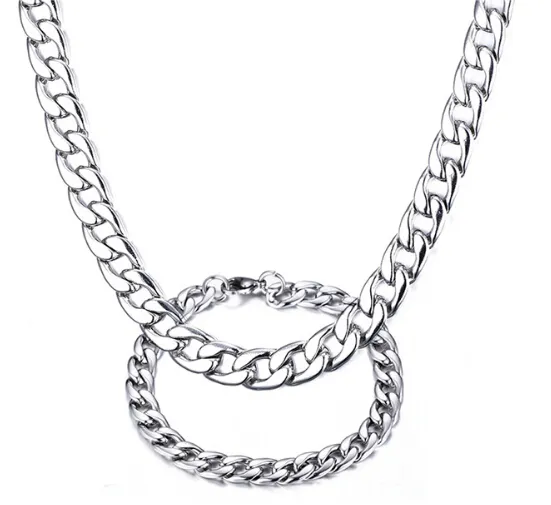 New Arrival Fantastic Silver 6mm/8mm Stainless Steel Fashion Soft NK Curb Link Chain Necklace Bracelet Jewelry Set For Unisex
