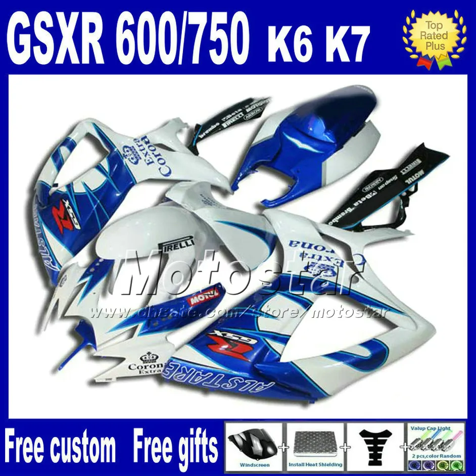 Motorcykel Fairing Kit + SEAT COWL för GSXR 600/750 2006 2007 SUZUKI GSX-R600 GSX-R750 06 07 K6 Vitblå Corona Fairings Sets FS97