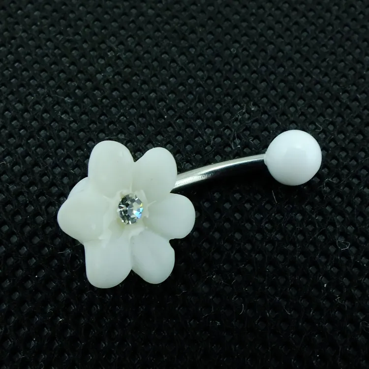 High Quality Fashion Belly Button Rings Stainless Steel Bar White Plastics Flower Navel Body Piercing Jewelry