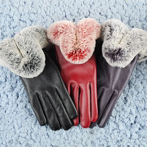 2017 Hiver Chaud Faux Fourrure De Lapin Gants En Cuir PU Écran Tactile Textos Polaire Doublé Mitaines Pour Femmes