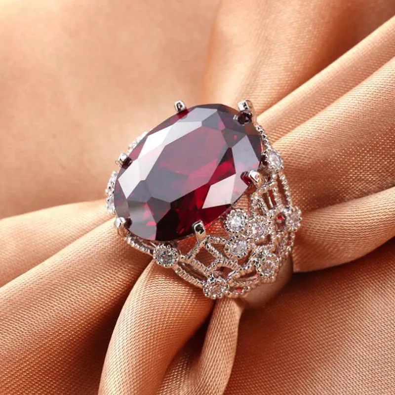 Luckyshine Unique Oval Red Cubic Zirconia Crystal Gemstone Rings Russia 925 Sterling Silver Wedding Rings Christmas Gifts