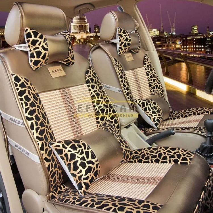 Nowy Luksusowy Elegancki Lampart Car Seat Cover Set Standard Auto Akcesoria Obejmuje PU Skórzana poduszka fotelika samochodowa