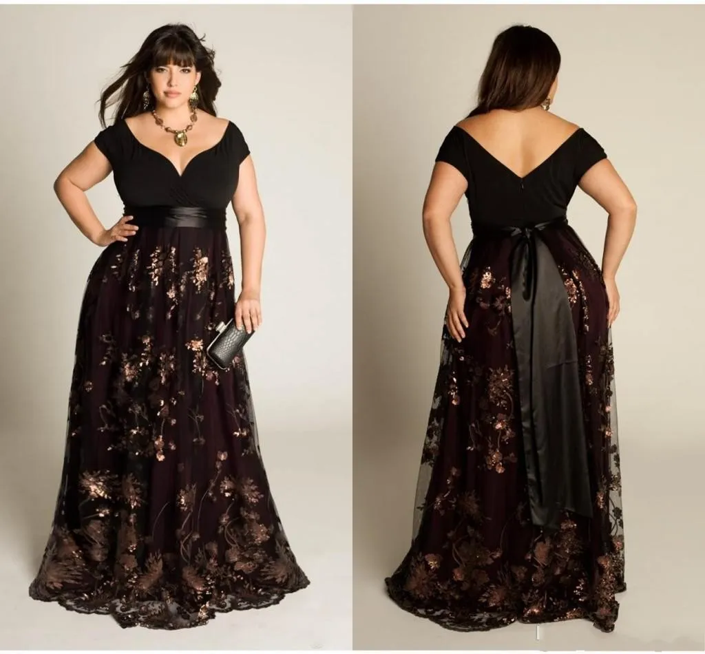 2019 New Plus Size Luxury Couture Prom Gown Capped Short Sleeve Floor Length Sexy Open Back Sequins Applique Sash Party Dresses For Women