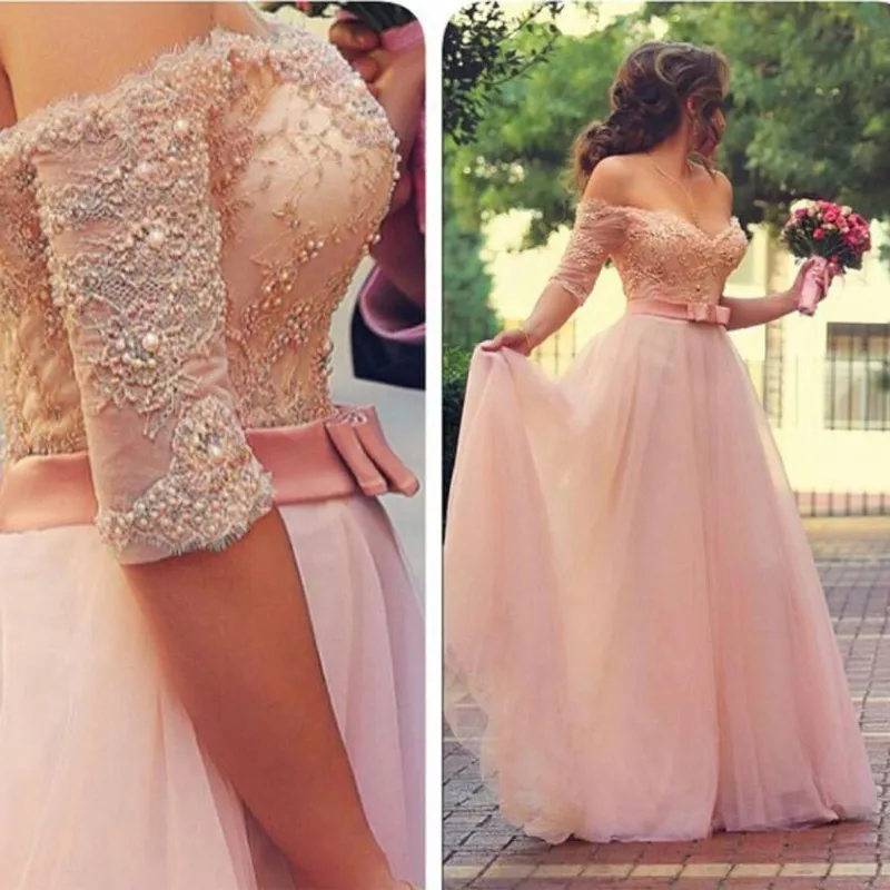 Hot Sale Blush Pink Prom Dresses A Line Off the Shoulder Lace Tulle Floor Length Long Formal Evening Gowns Pearls Sleeves Sash