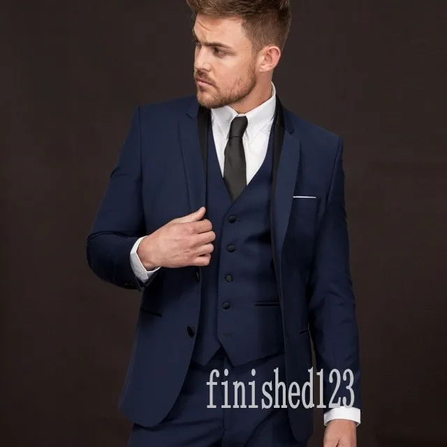 New Arrivals Two Button Navy Blue Groom Tuxedos Notch Lapel Groomsmen Best Man Wedding Prom Dinner Suits (Jacket+Pants+Vest+Tie) G5128