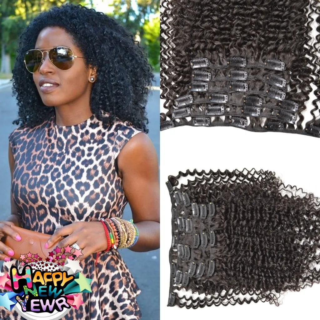 Clipe em Extensões de Cabelo Humano Afro Kinky Curly Virgem Brasileira Extensões de Cabelo Humano Clipes Ins 7pcs/set para Cabeça Inteira G-FÁCIL Frete Grátis