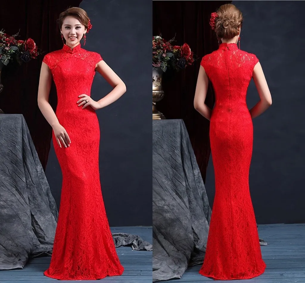 Haute qualité col haut sans manches sirène chinoise Cheongsam robes de mariée 2015 longueur de plancher fermeture éclair dos robe de mariée en dentelle rouge robe de mariée