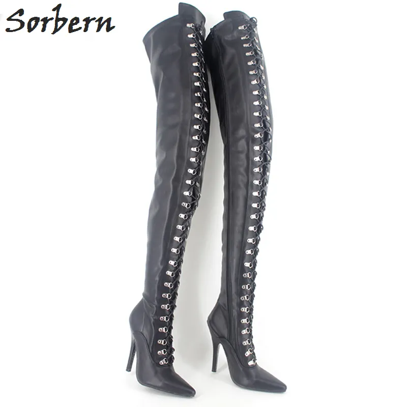 Sorbern Fetish Boot Lace Up Zip Crotch Flex Matt Pu Lår High Heel Over Knee Boots Plus Storlek 34-46 Fler färger Gratis frakt