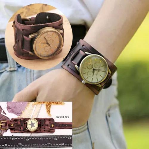 Tolle Männer-Frauen-Retro-Punk-Armbanduhr mit großem breitem Lederarmband, Unisex-Match