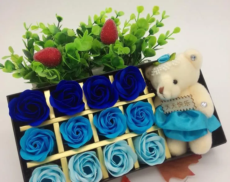 Valentijnsdaggeschenken, mooie beer en 18 zeeprozen huwelijksgeschenkdoos zeep gratis verzending SR10