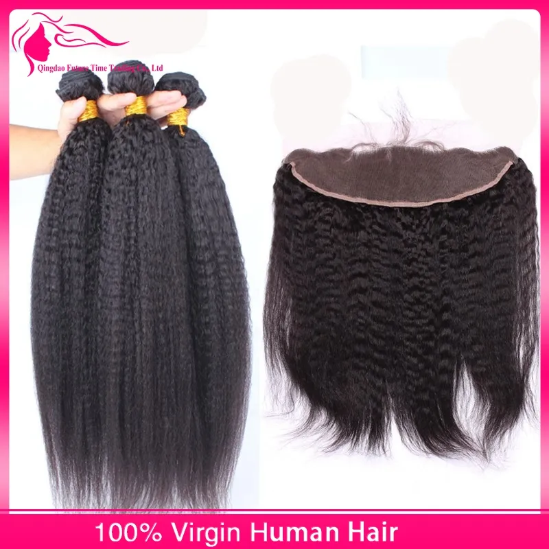 9A Mongol Kinky Straight 13x4 Cierre frontal de encaje con 3 paquetes 4 piezas / lote Italiano grueso Yaki Virgen Cabello humano teje con frontales