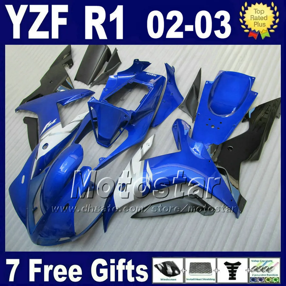 OEM Blue Injection Fairing för Yamaha 2002 2003 YZF R1 Fairings Body Kits Blue Black YZF1000 Bodywork Kit Set 6B4J + 7 Presenter